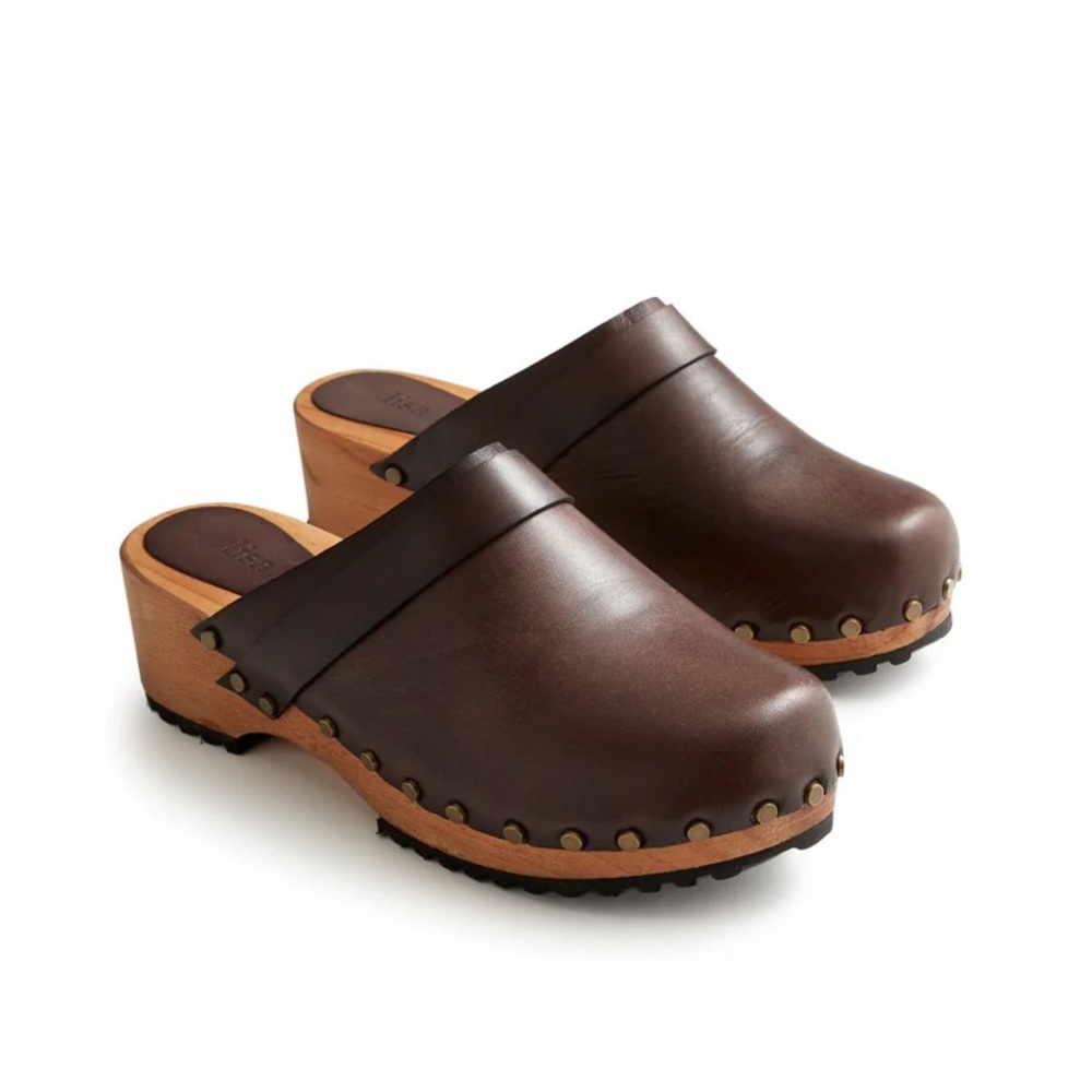 Women's Brown Leather Clog Mules with Studded Trim